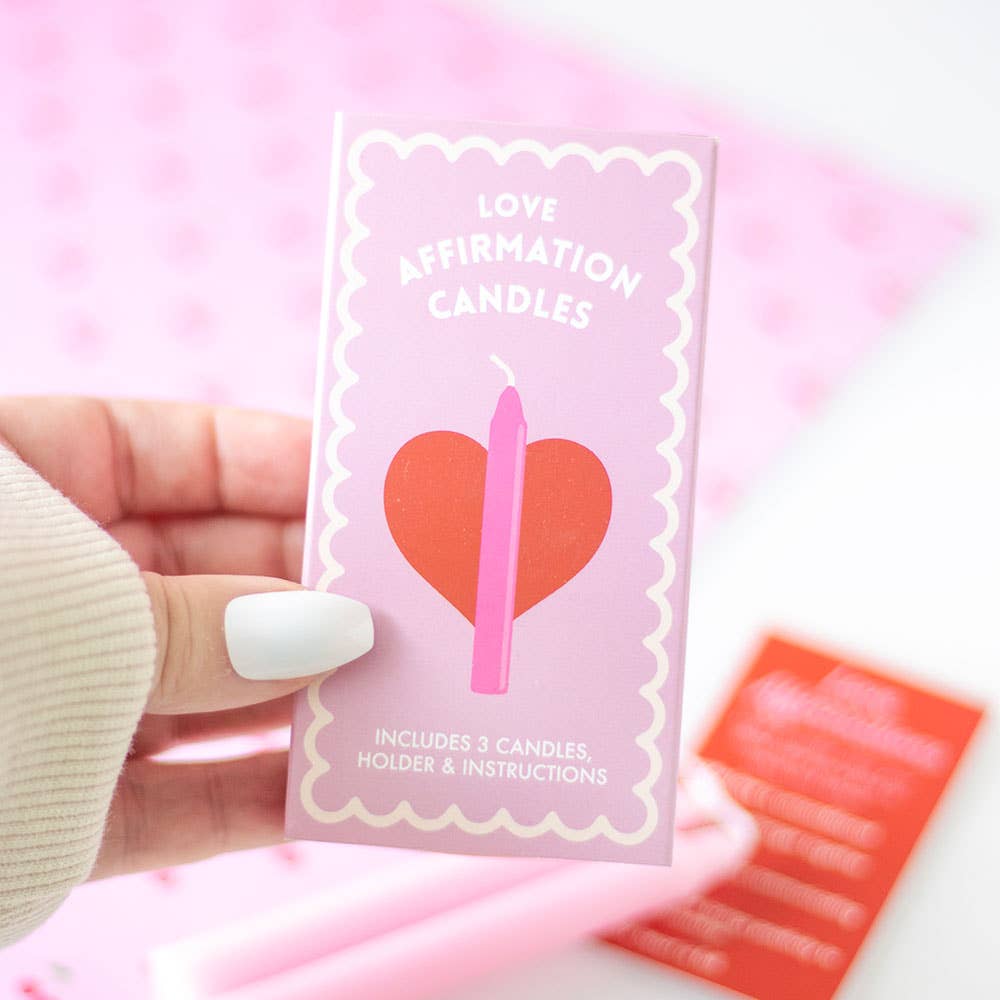 Set de 3 velas de San Valentín con afirmación de amor en una caja