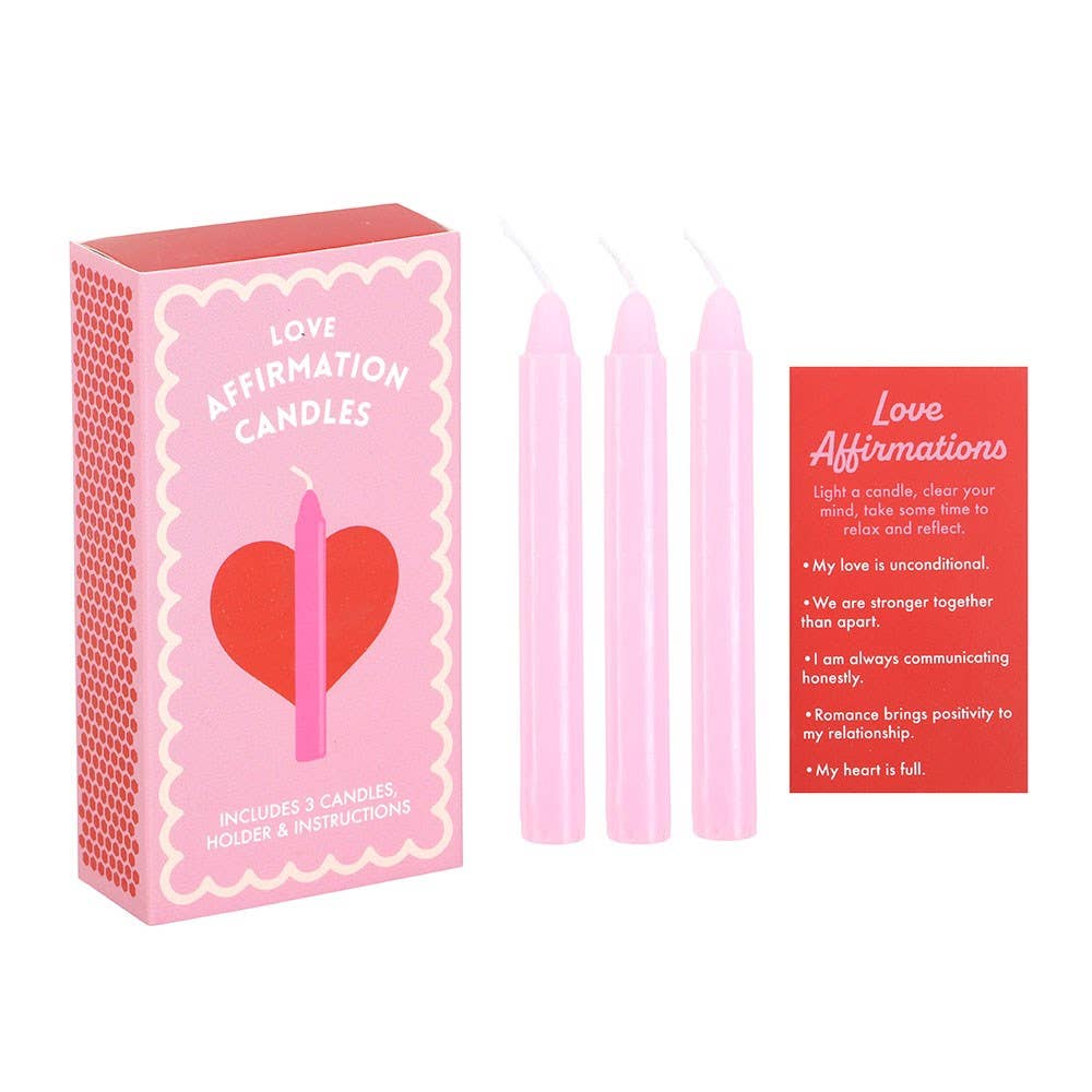 Set de 3 velas de San Valentín con afirmación de amor en una caja