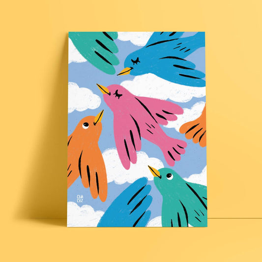 Póster Pájaros en el cielo | Decoración navideña de pájaros coloridos para niños