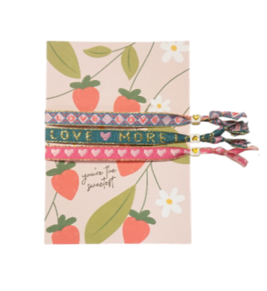 Set 3 Pulseras Cinta  Más Amor Tarjeta Fresas