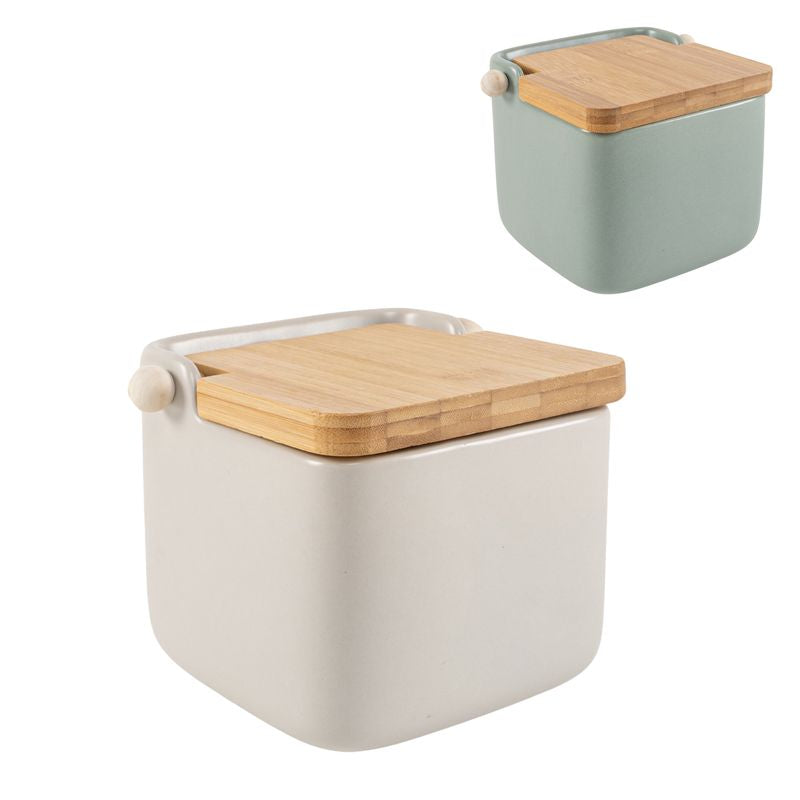 Salero de Cerámica con Tapa de Bambú - 2 Colores Disponibles