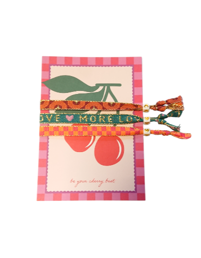 Set 3 Pulseras Cinta de texto Tarjeta Cereza
