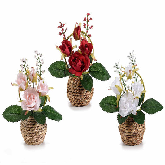 Mini Cesto de Cuerda con Rosas Artificiales – Decoración Elegante