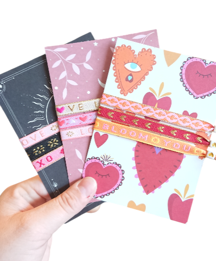 Set 3 Pulseras Cinta de texto Vive, Rie, Ama mas Tarjeta