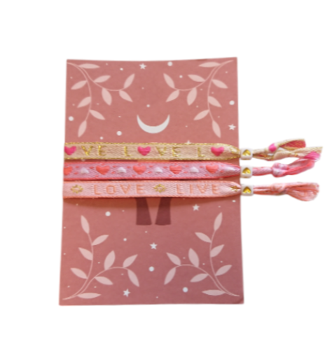 Set 3 Pulseras Cinta de texto Vive, Rie, Ama mas Tarjeta