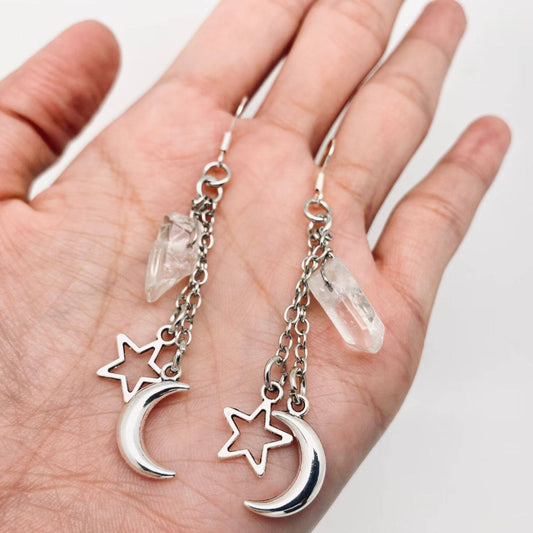 Pendientes colgantes irregulares de cristal natural con forma de luna y estrellas