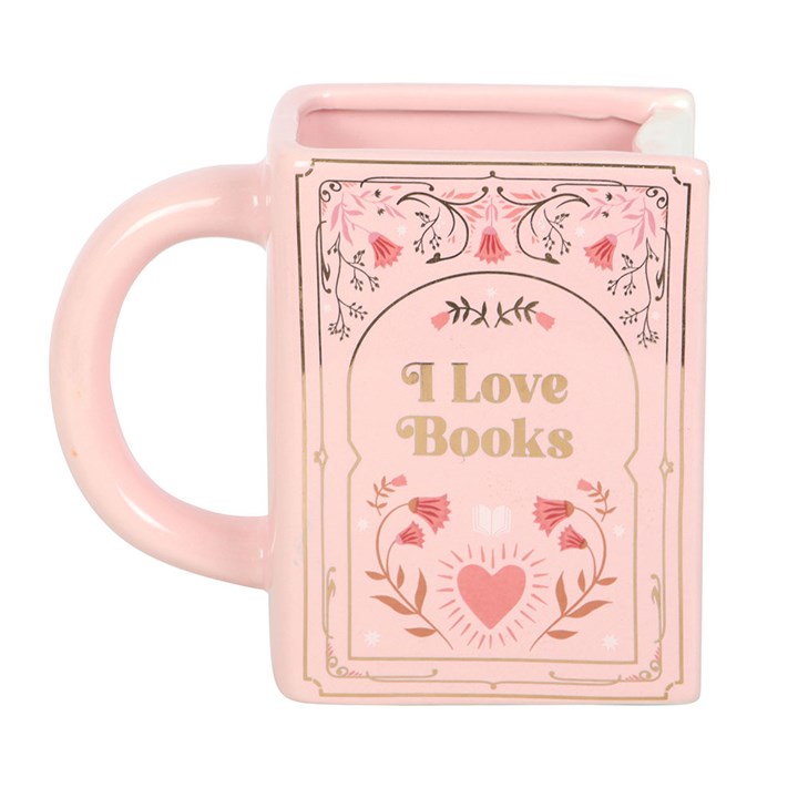 Taza rosa con forma de libro "Me encantan los libros"