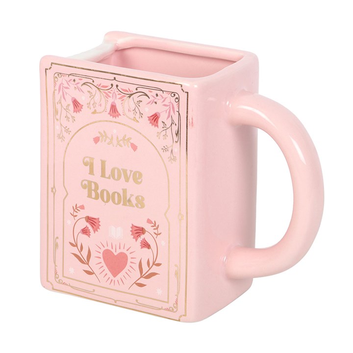Taza rosa con forma de libro "Me encantan los libros"