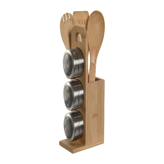 Set de Utensilios de Cocina de Bambú con Especiero Magnético – 6 Piezas