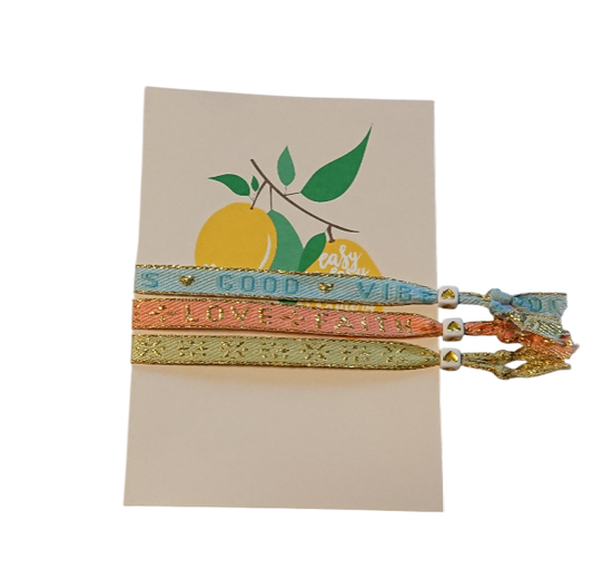 Set 3 Pulseras Cinta de texto Amor, Fe Tarjeta Limones