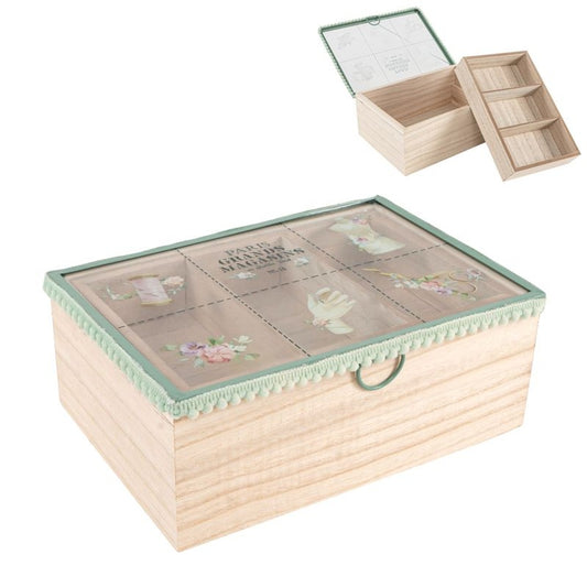 Caja costurero de madera con 3 compartimentos y 2 niveles