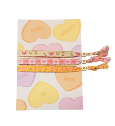 Set 3 Pulseras Cinta de texto Tarjeta Corazones