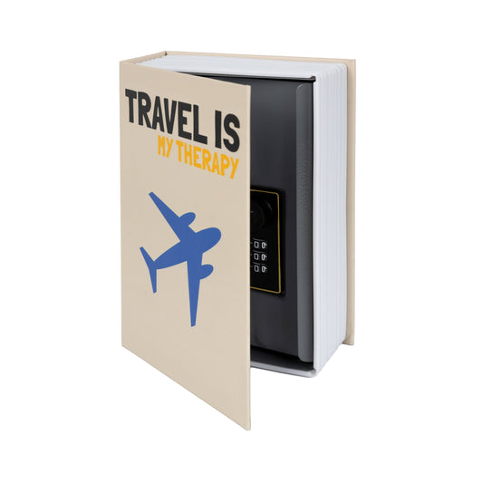 Caja fuerte con forma de libro "Travel Is My Therapy" con combinación