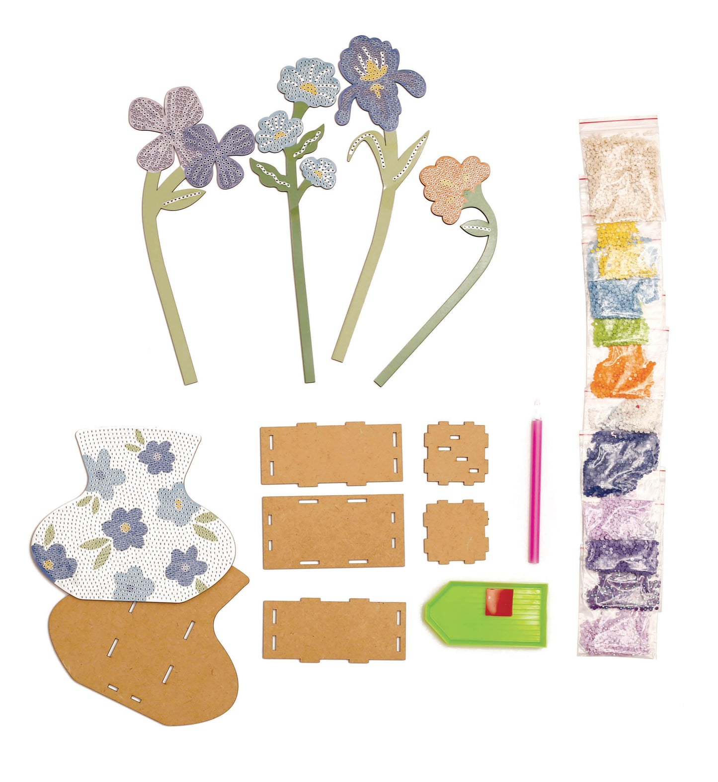 Kit de jarrón azul y flores con pedrería
