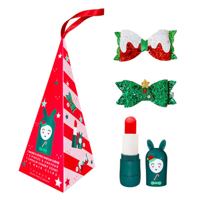 CONO BUNNY NAVIDAD: bálsamo labial cereza + 2 clips de pelo