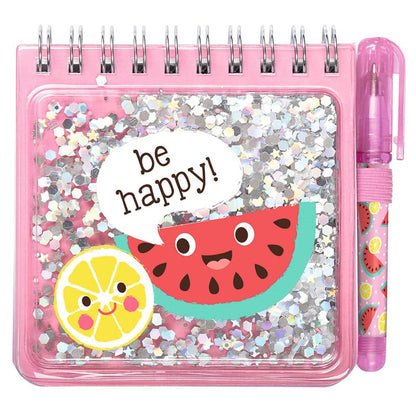 Bloc de notas brillante con bolígrafo – Be Happy