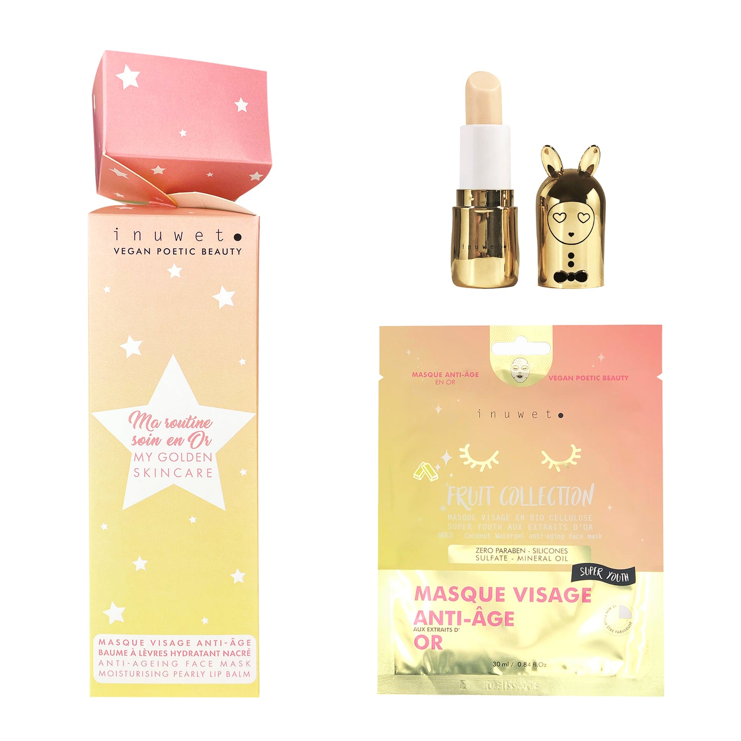 CRACKER SKINCARE DORADO: mascarilla facial + bálsamo labial dorado-cheescake