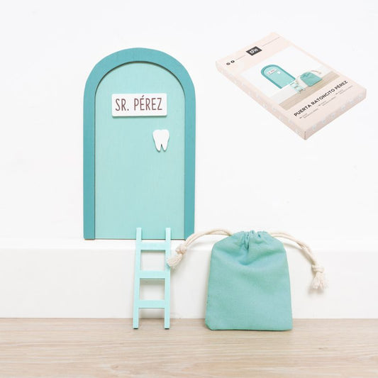 Puerta Ratoncito Pérez Azul – Set Decorativo con Escalera y Bolsita para Dientes