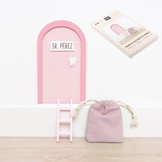 Puerta del Ratoncito Pérez Rosa con Escalera y Bolsita