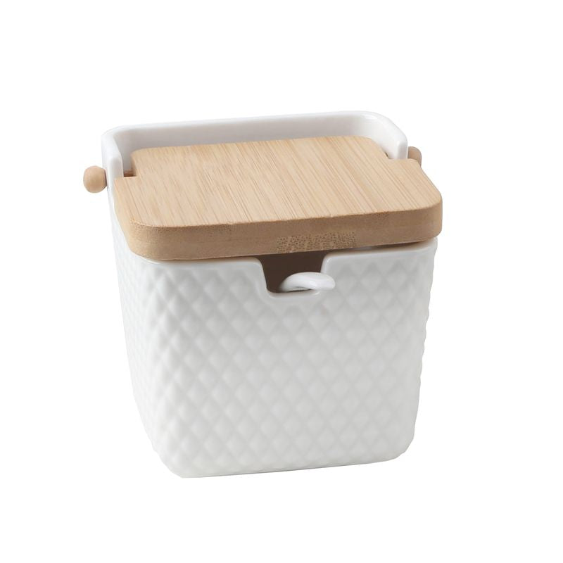 Azucarero de Porcelana con Tapa de Bambú y Cuchara