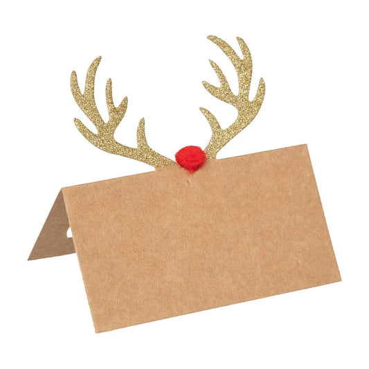 Tarjetas marcadoras de sitio Reno con cuernos dorados (Pack 8 uds)