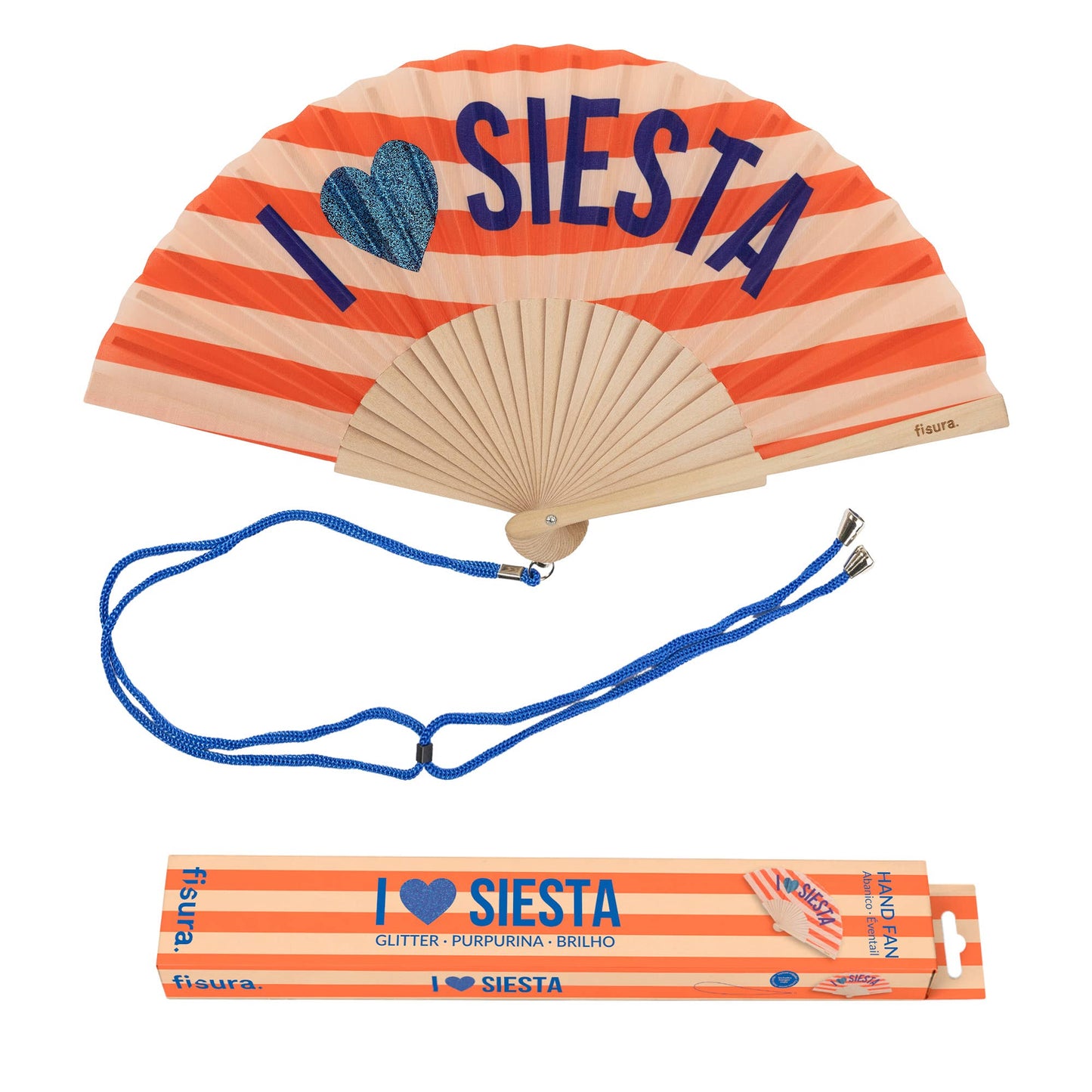 Abanico " I love siesta" letras purpurina