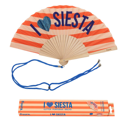 Abanico " I love siesta" letras purpurina