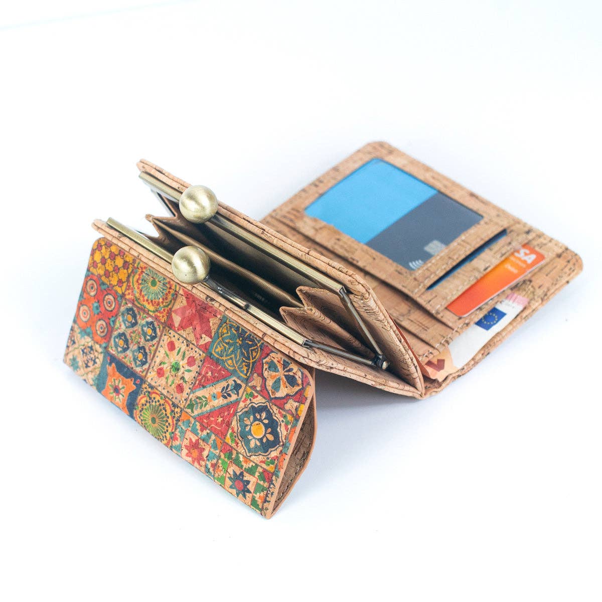 Tarjetero y cartera de mujer con estampado de corcho natural y antiqu