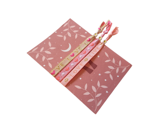 Set 3 Pulseras Cinta de texto Vive, Rie, Ama mas Tarjeta