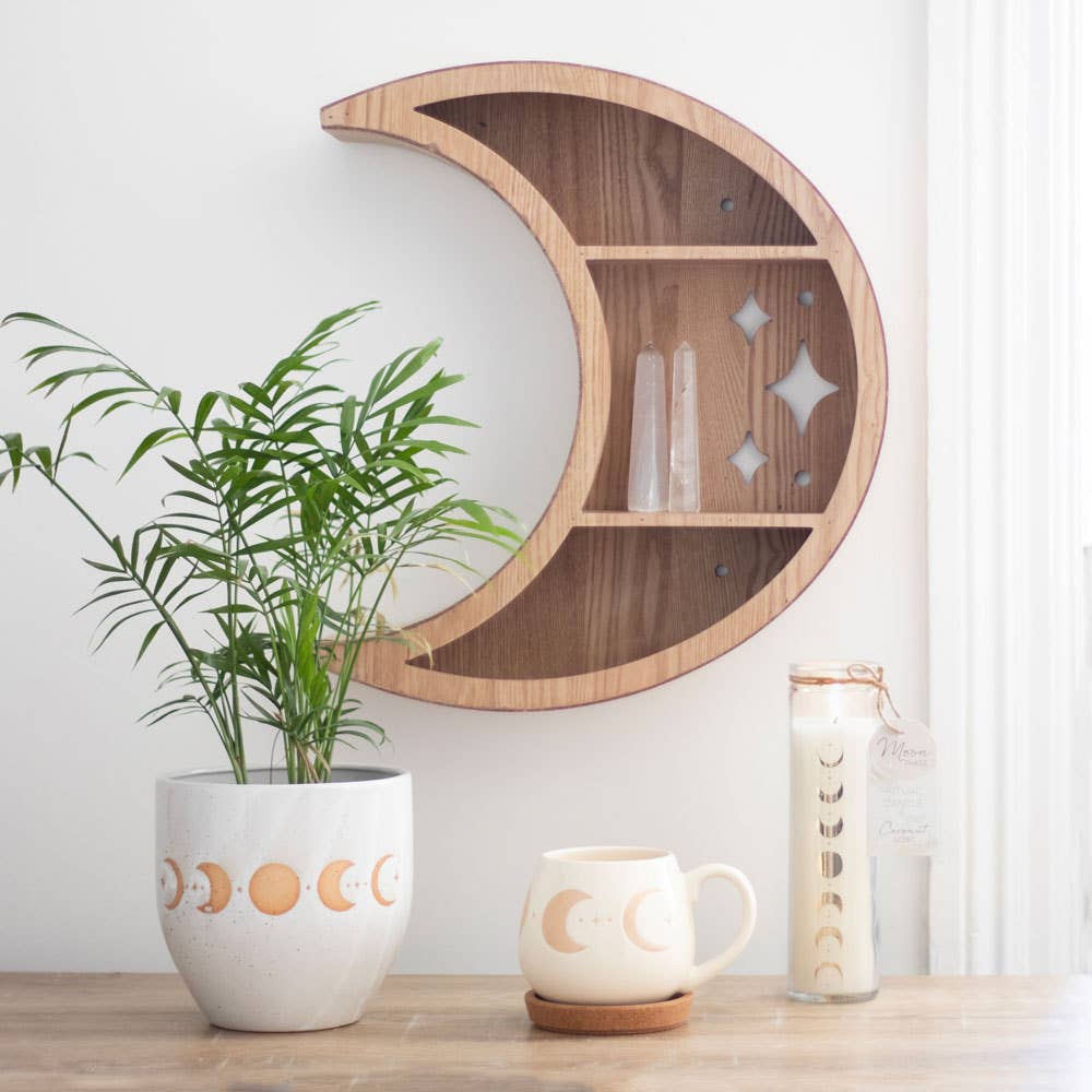 Estante de pared de madera con forma de luna creciente