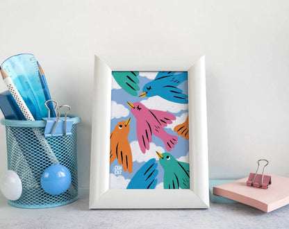 Póster Pájaros en el cielo | Decoración navideña de pájaros coloridos para niños