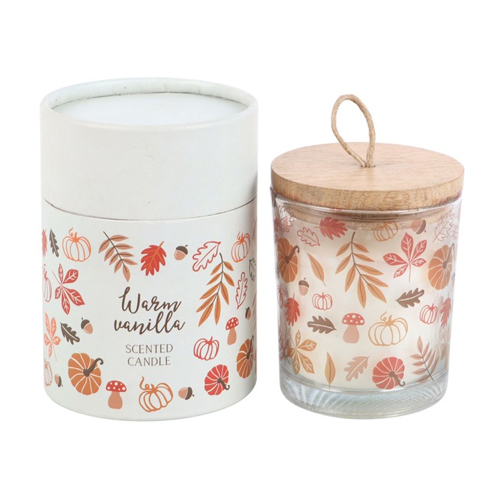 Vela Aromática de Otoño "Warm Vanilla" - Decoración Estacional con Tapa de Madera, Perfume de Vainilla