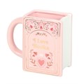 Taza rosa con forma de libro "Me encantan los libros"