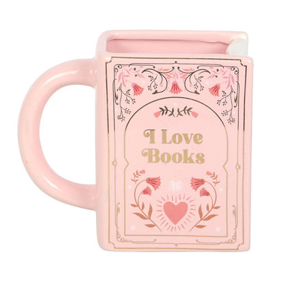 Taza rosa con forma de libro "Me encantan los libros"