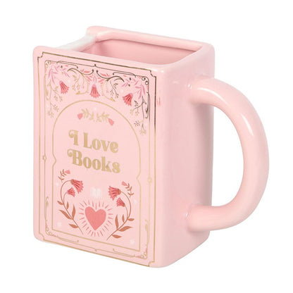 Taza rosa con forma de libro "Me encantan los libros"