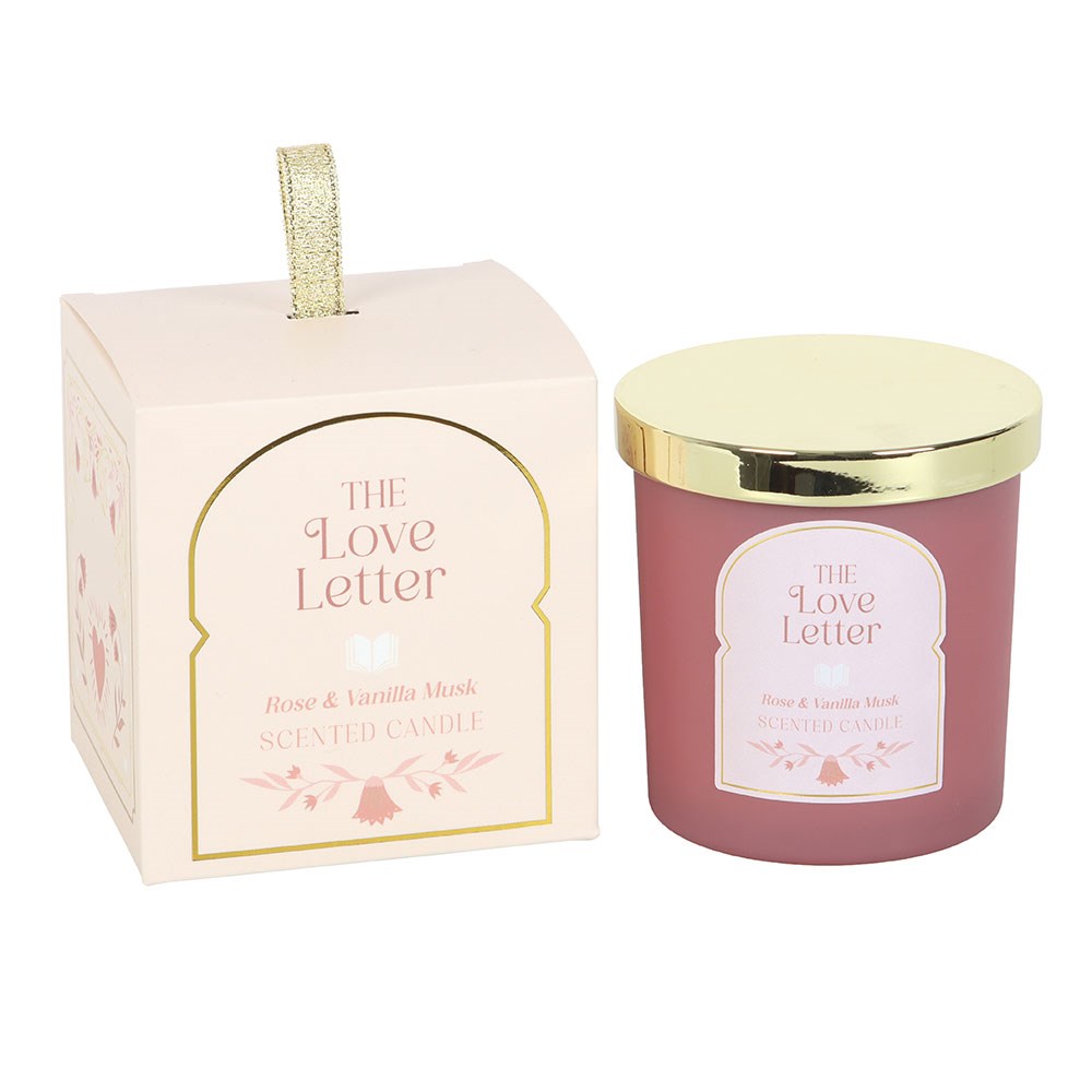 Vela aromática Love Letter de rosa, vainilla y almizcle con tapa dorada