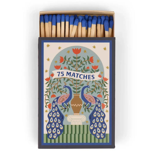 Caja de cerillas decorativa Peacock Blue 75 unidades largas encendido velas