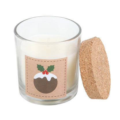 Vela Aromática de Pudding Navideño en Vaso de Vidrio con Tapa de Corcho