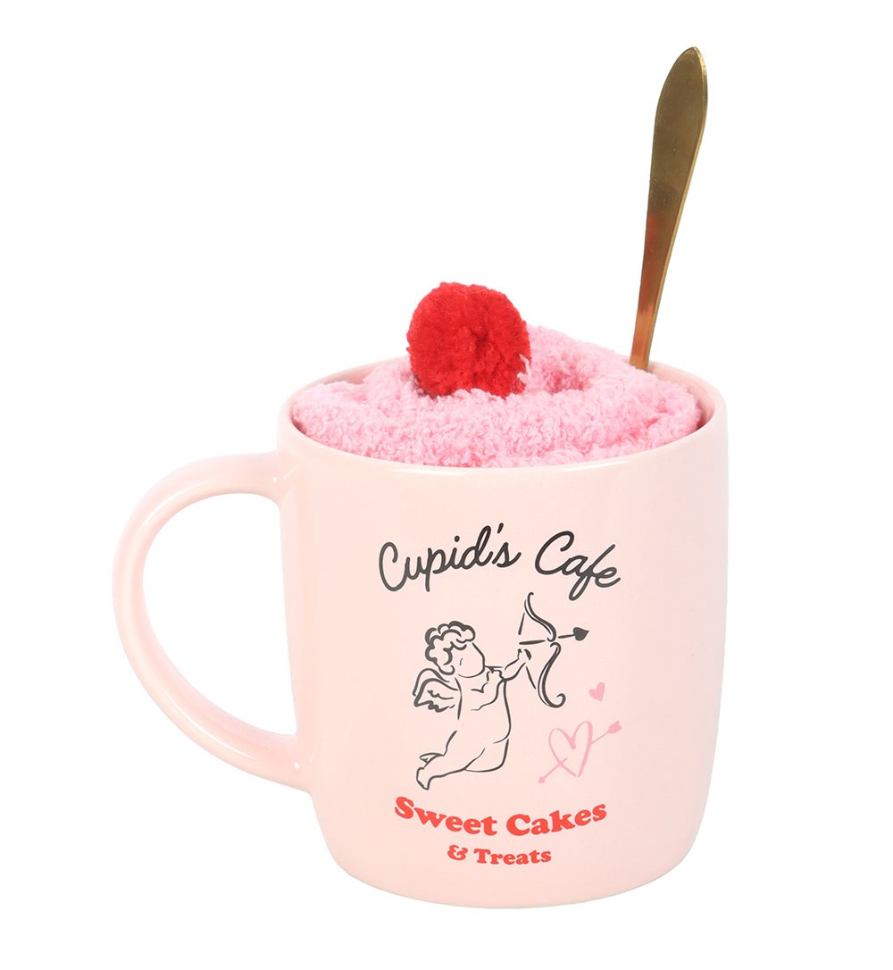 Set regalo taza Cupid’s Cafe con cuchara dorada y calcetines suaves rosas