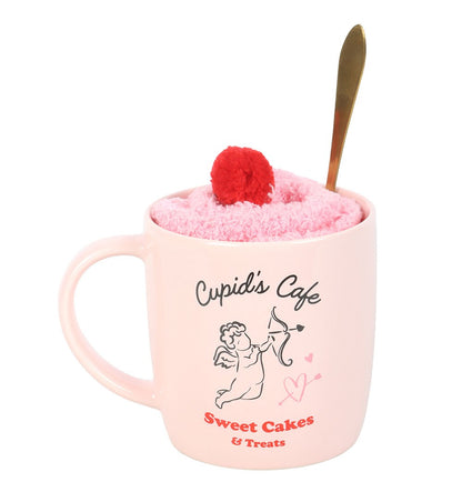 Set regalo taza Cupid’s Cafe con cuchara dorada y calcetines suaves rosas