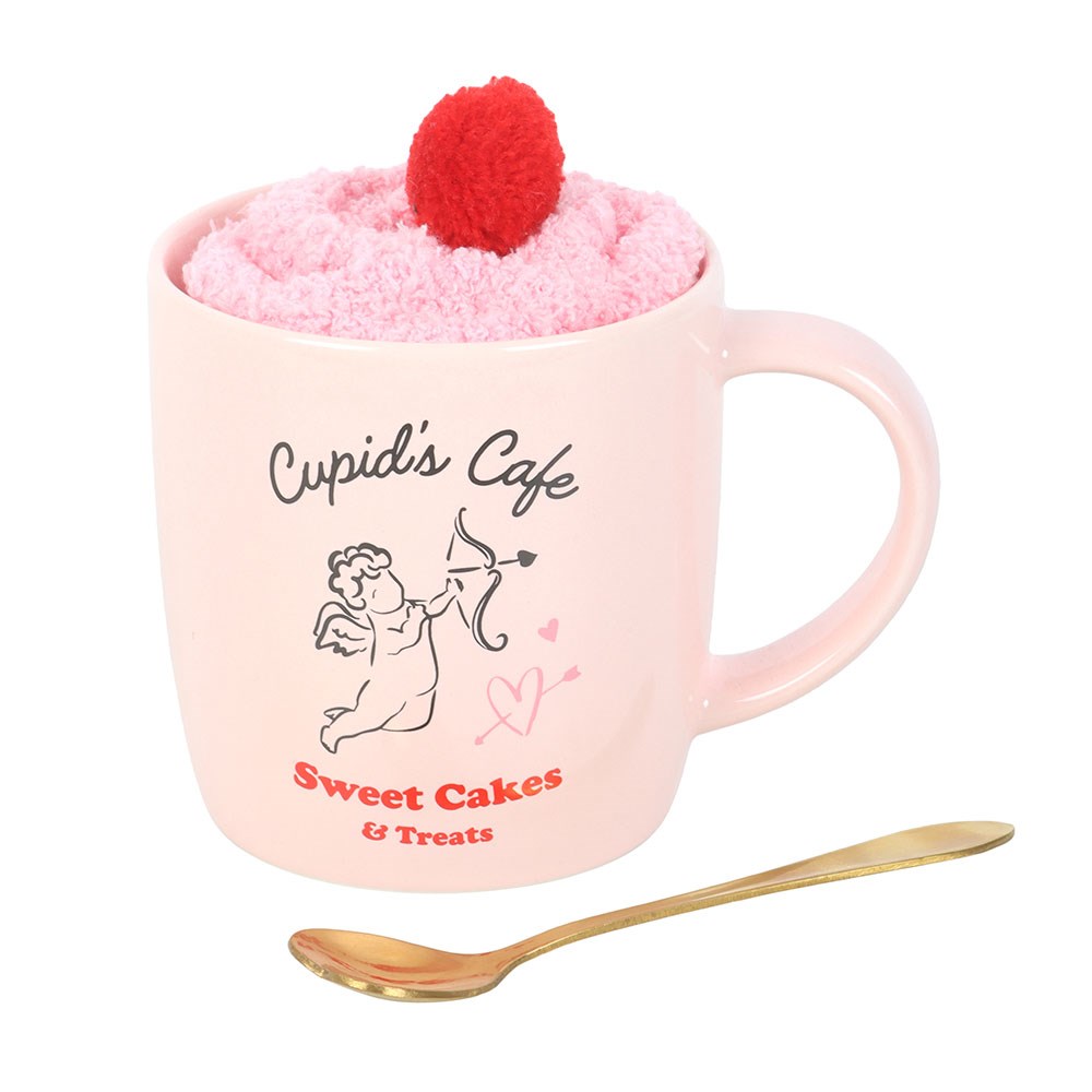 Set regalo taza Cupid’s Cafe con cuchara dorada y calcetines suaves rosas