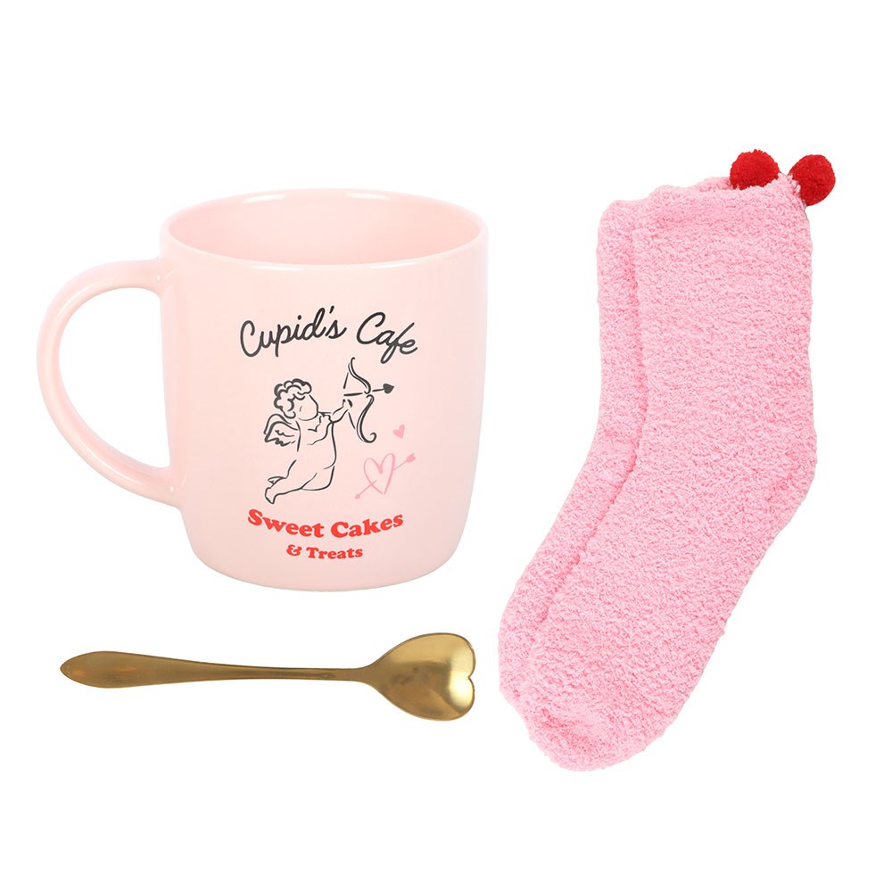 Set regalo taza Cupid’s Cafe con cuchara dorada y calcetines suaves rosas