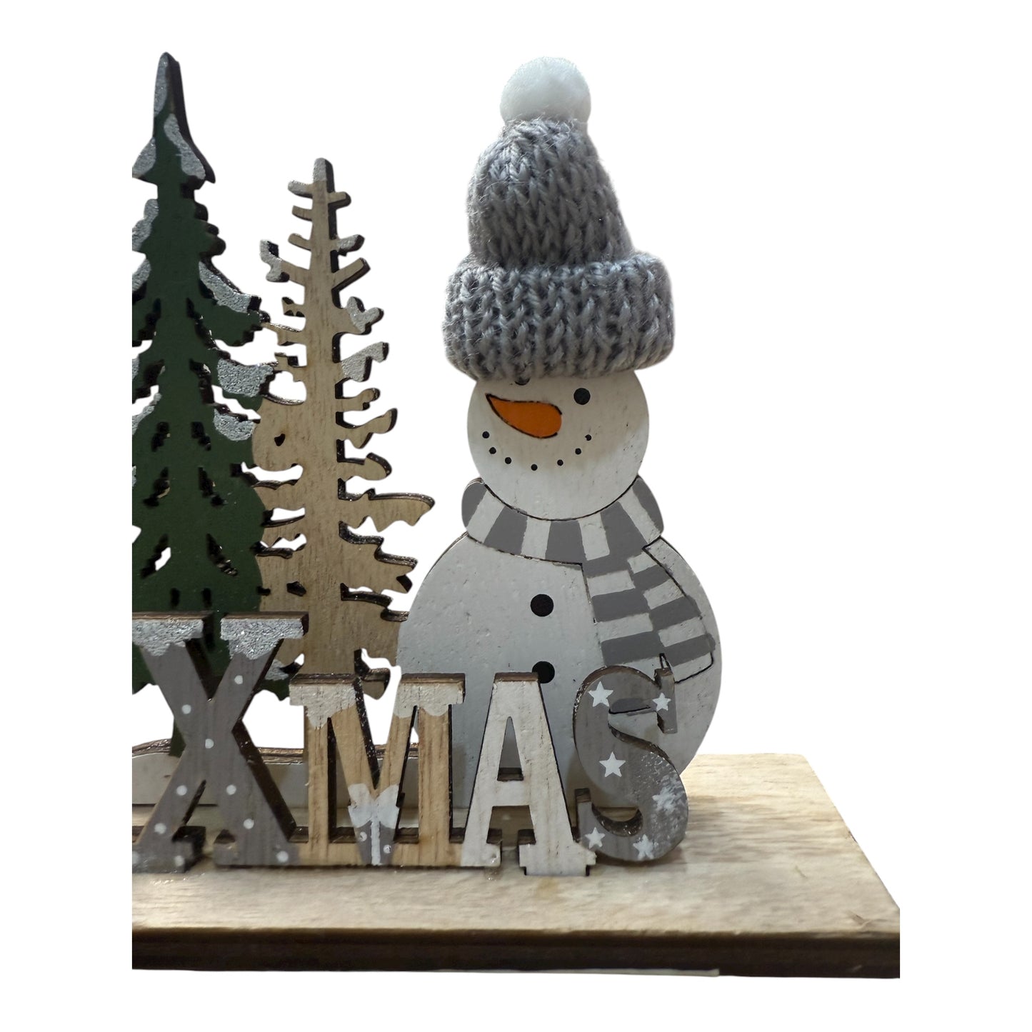 Figura Navideña de Madera XMAS con Muñeco de Nieve y Árboles