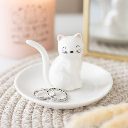 Plato vaciabolsillos gato blanco cerámico porta joyas baratijas decoración kawaii