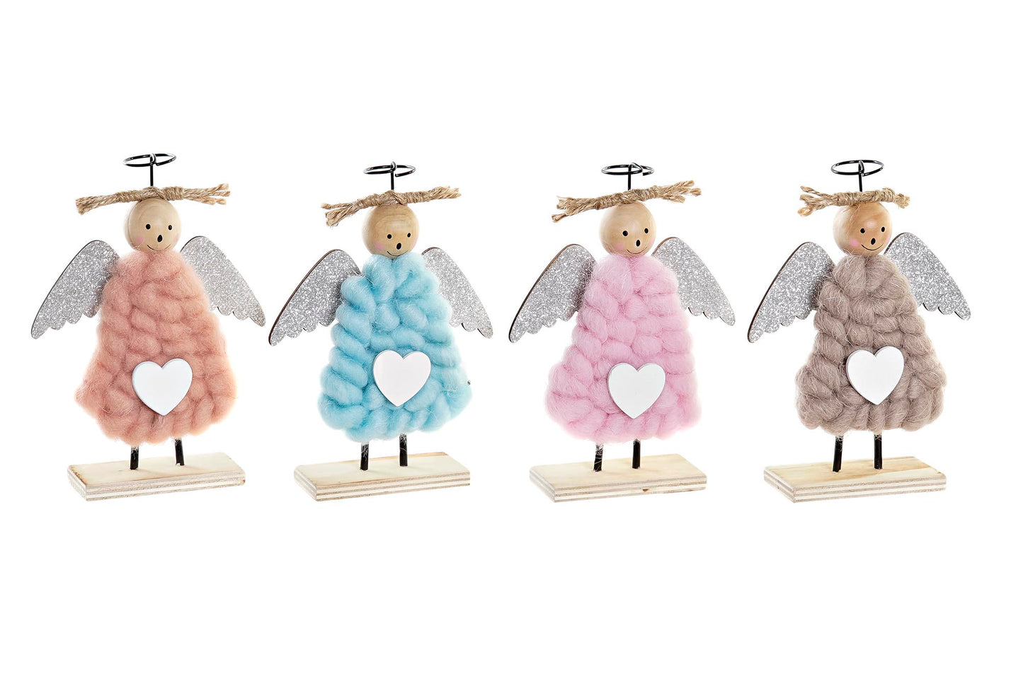 Figuras de Ángel en Madera y Poliéster – Juego de 4 Adornos de Navidad en Colores Surtidos – 19 cm