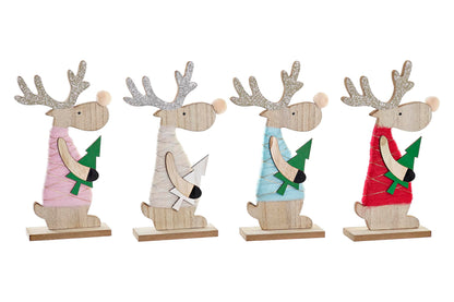 Figuras de Renos Navideños en Madera y Poliéster – Set de 4, 24 cm – Decoración de Navidad