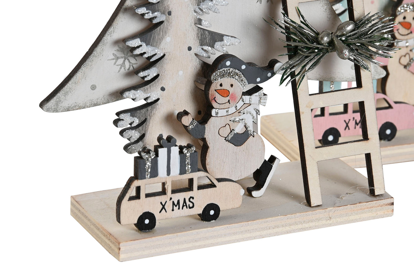 Figura Navideña de Madera con Muñeco de Nieve y Árbol