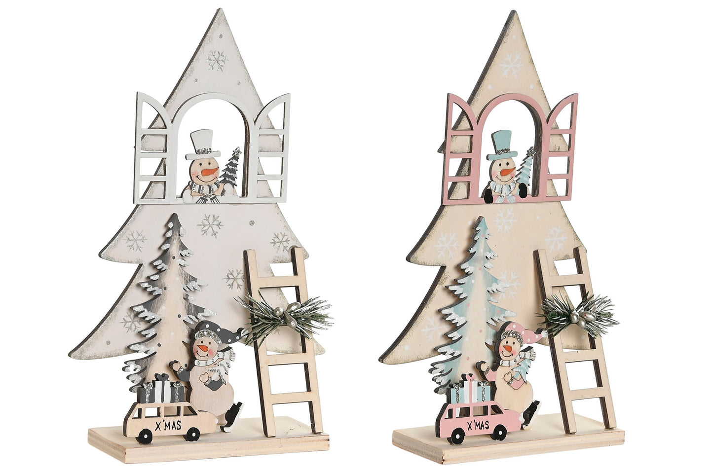 Figura Navideña de Madera con Muñeco de Nieve y Árbol