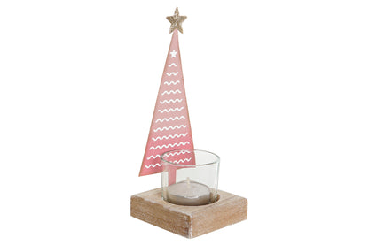 Portavelas Navideño con Árbol Rosa y Base de Madera