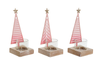 Portavelas Navideño con Árbol Rosa y Base de Madera
